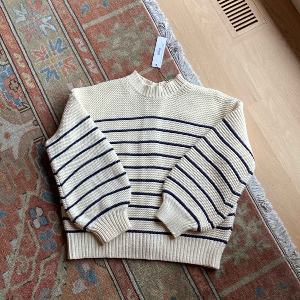 Alex Mill - Button-Back Crewneck Sweater || Ivory + Dark Navy Stripe - Size LG - Picture 2 of 6